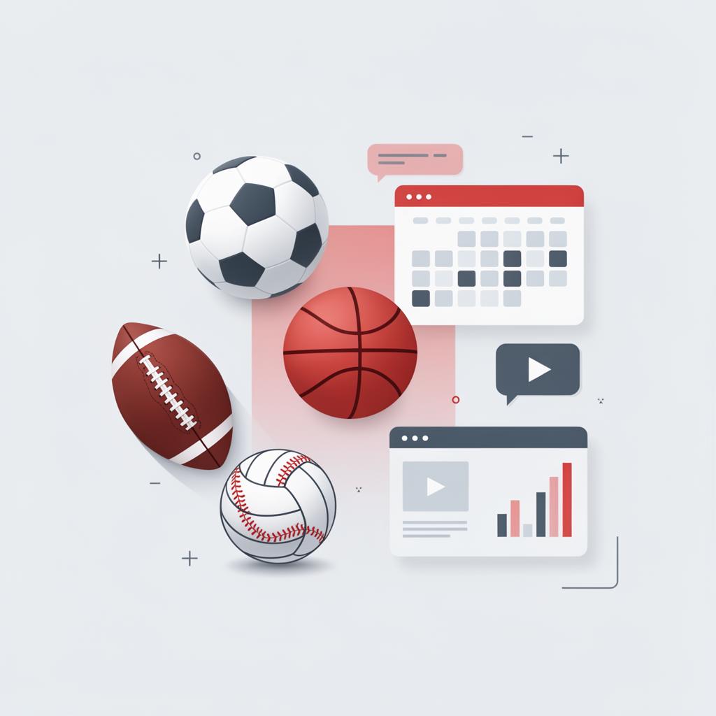 Modern montage of sports balls and platform UI elements representing an all-in-one sports organization platform
