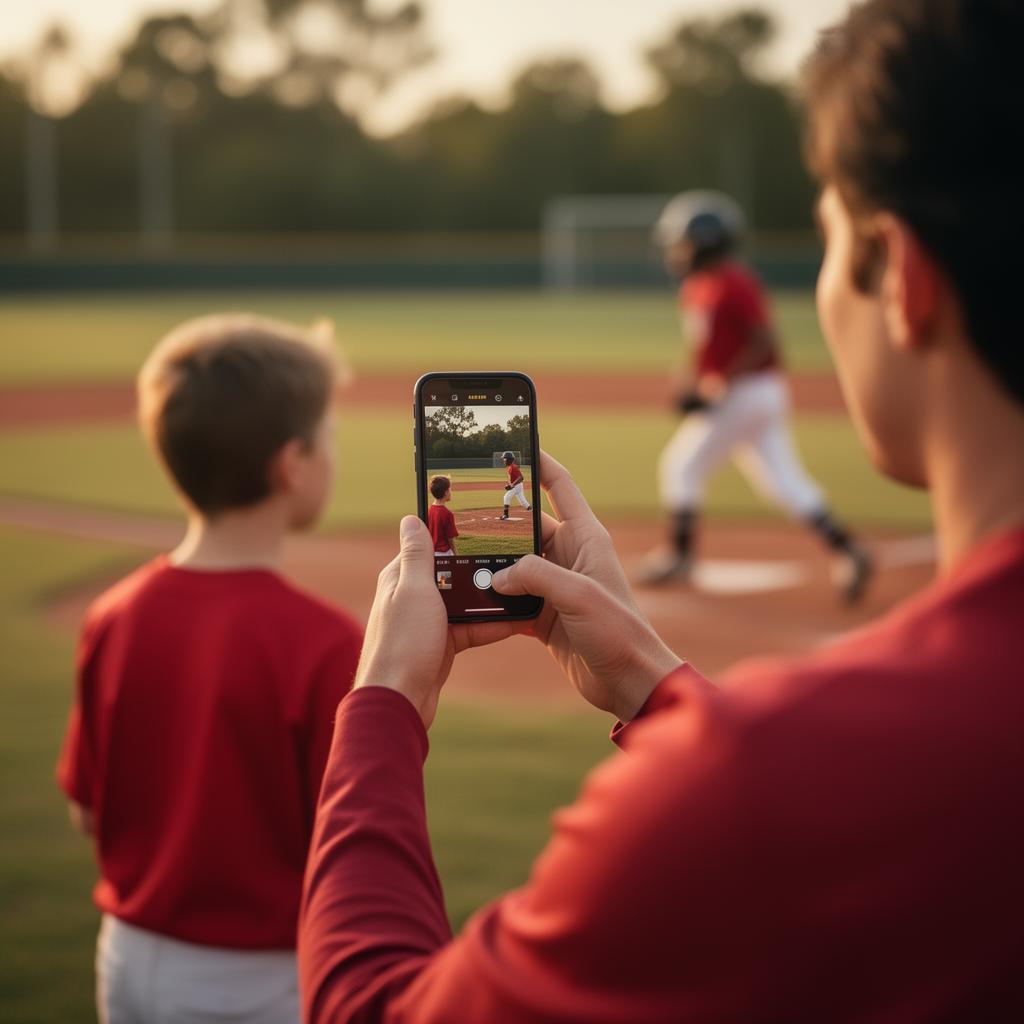 Parent filming their young athlete on a smartphone from the sideline at sunset