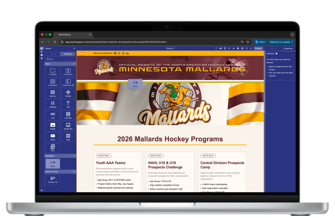 Sample branded org website built on SportsGravy, shown on a laptop, with team pages, sponsor placements, and online registrations