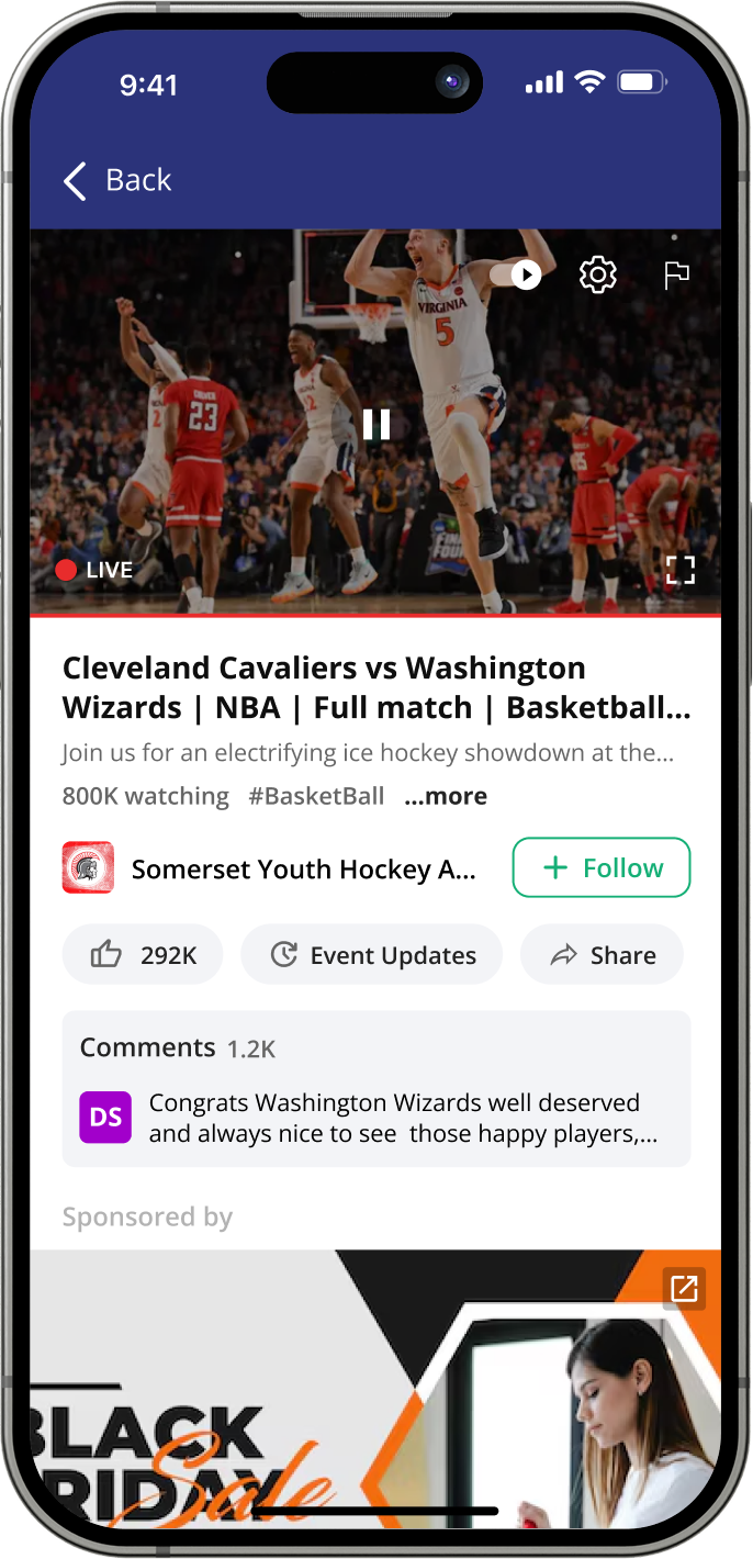 SportsGravy mobile live streaming view: a live broadcast with LIVE badge, watching count, follow button, likes, Event Updates and Share actions, comments, and a sponsored ad slot below the stream
