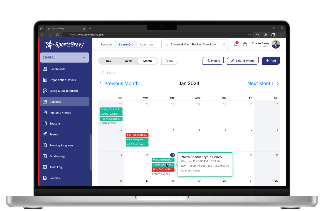 SportsGravy multi-sport scheduling shown on a laptop — Sports Org calendar in Month view with color-coded events across multiple sports, plus an open event detail popover