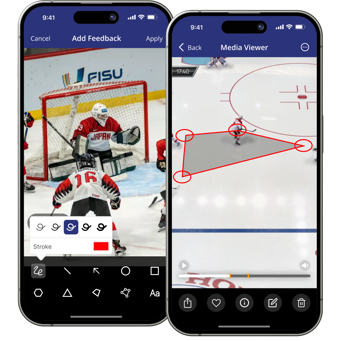 SportsGravy player development shown across two phone screens — visual feedback overlays, clip review, and coach-to-player development workflow