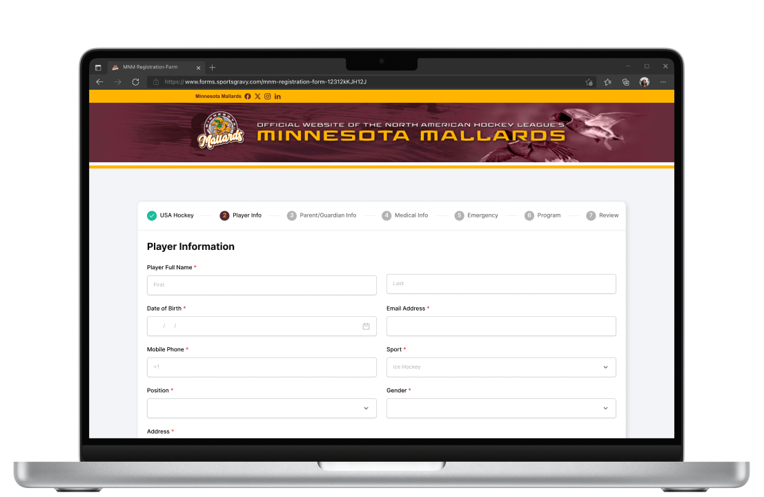 Sample SportsGravy online registration form for the Minnesota Mallards, shown on a laptop, with a multi-step wizard for player info, parent and guardian details, medical info, and program selection