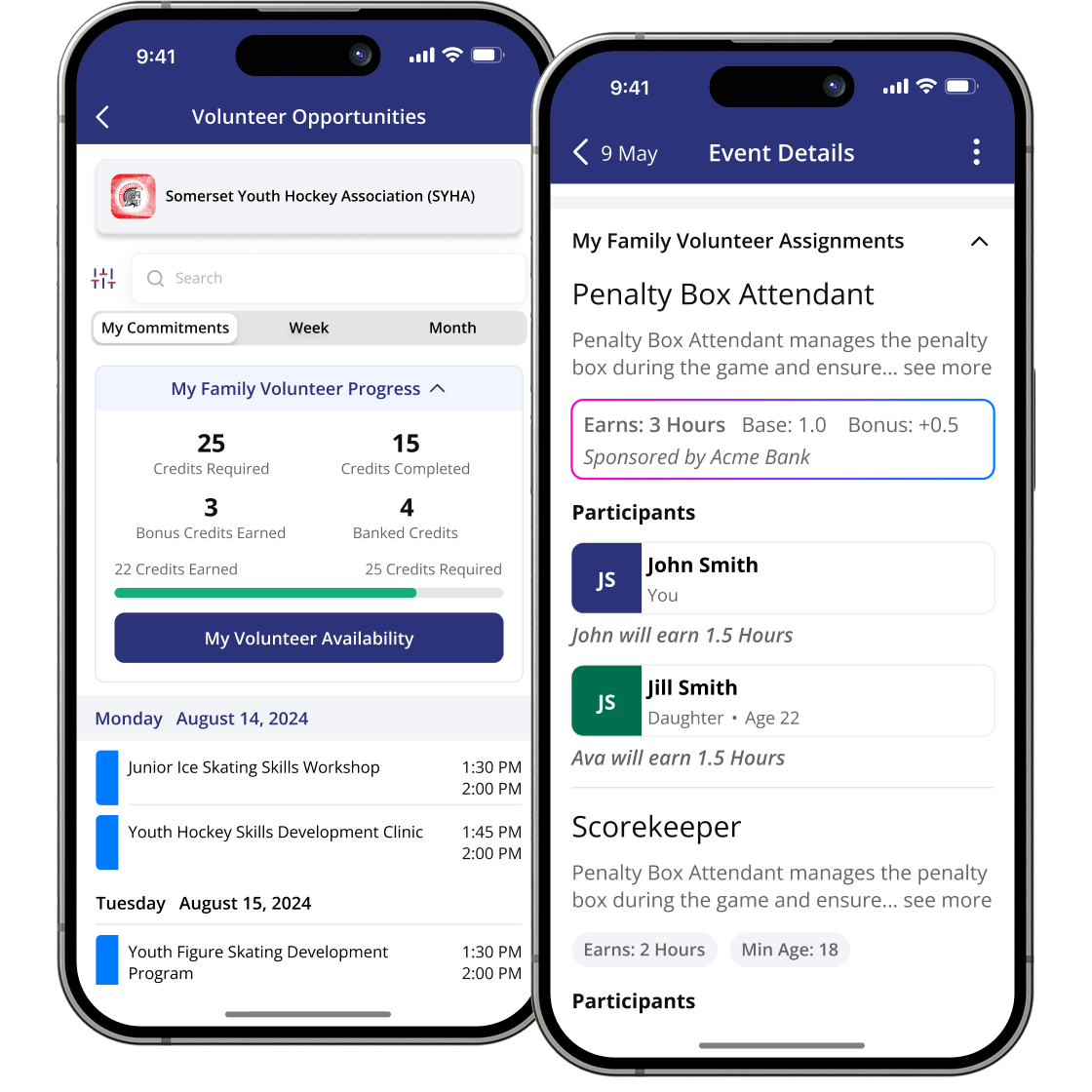 SportsGravy volunteer management shown across two phone screens: a Volunteer Opportunities view tracking a family's credits required, completed, and banked hours, and an Event Details view showing a sponsored Penalty Box Attendant slot with assigned participants and hours earned